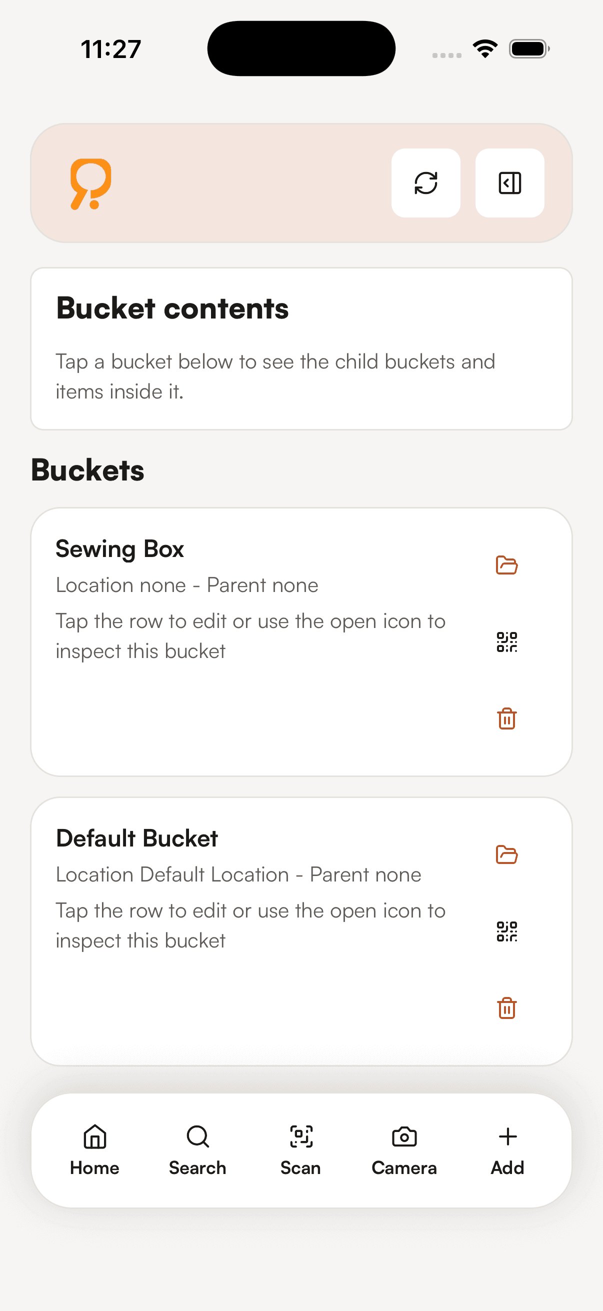 ASA iPhone bucket contents screen showing organized buckets such as Sewing Box and Default Bucket.